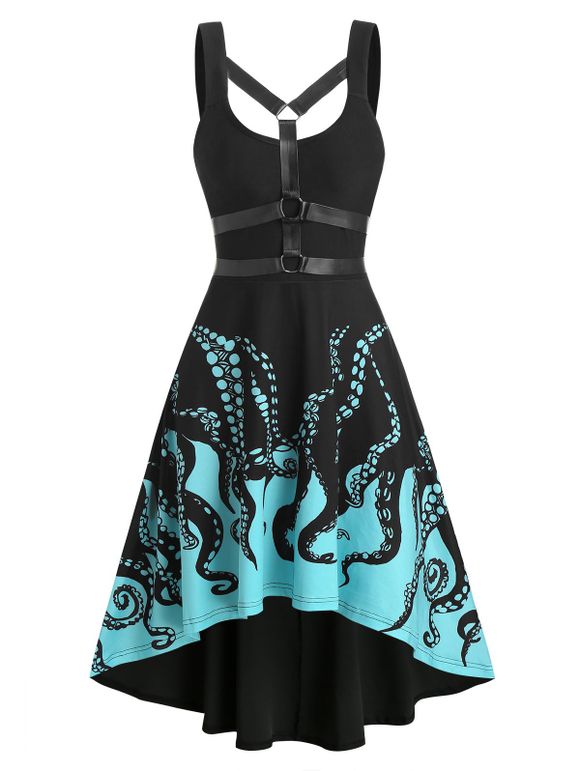 Harness Insert Octopus Print Sleeveless Gothic Dress - BLACK L