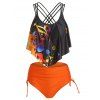 Maillot de Bain Tankini Croisé au Dos Note de Musique Imprimée à Volants - Noir 2XL