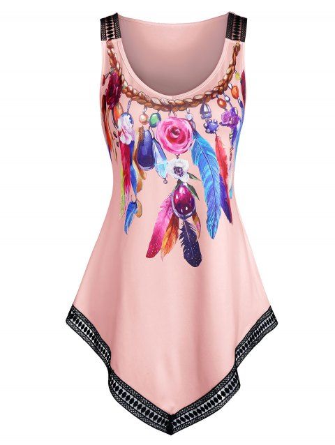 Colorful Feather Print Lace Trim Tank Top