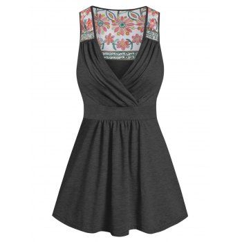 

Flower Lace Insert Knot Back Tank Top, Dark gray