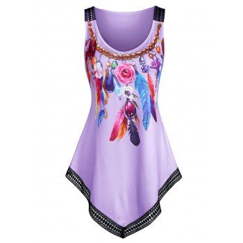 

Colorful Feather Print Lace Trim Tank Top, Tyrian purple