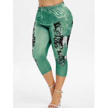 

Plus Size Butterfly Print Faux Denim Leggings, Sea turtle green