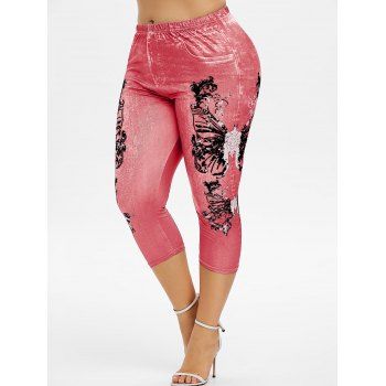 

Plus Size Butterfly Print Faux Denim Leggings, Light coral