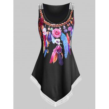 

Colorful Feather Print Lace Trim Tank Top, Black