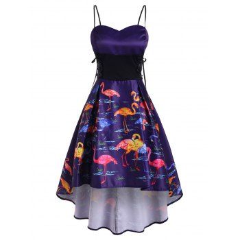 

Flamingo Print High Low Lace Up Party Dress, Purple amethyst