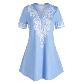 Plus Size V Cut Placket Short Sleeve Tunic Tee, Sky blue
