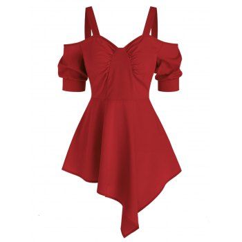 

Open Shoulder Ruched Asymmetric Blouse, Red wine