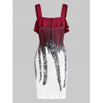 

Printed Ruffle Mini Bodycon Dress, Red wine