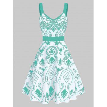 

Floral Print Sweetheart Collar Fit And Flare Dress, Medium turquoise
