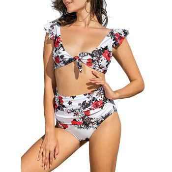 

Flower Ruffle Knot High Waisted Ruched Bikini Swimwear, White
