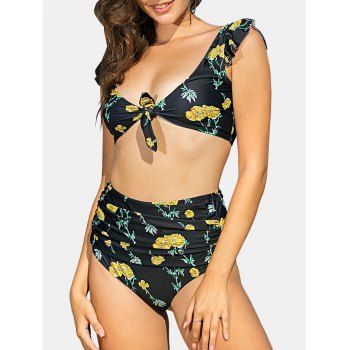

Flower Ruffle Knot High Waisted Ruched Bikini Swimwear, Black