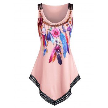 

Colorful Feather Print Lace Trim Tank Top, Pink