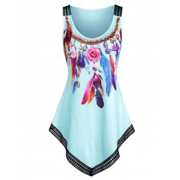 

Colorful Feather Print Lace Trim Tank Top, Baby blue