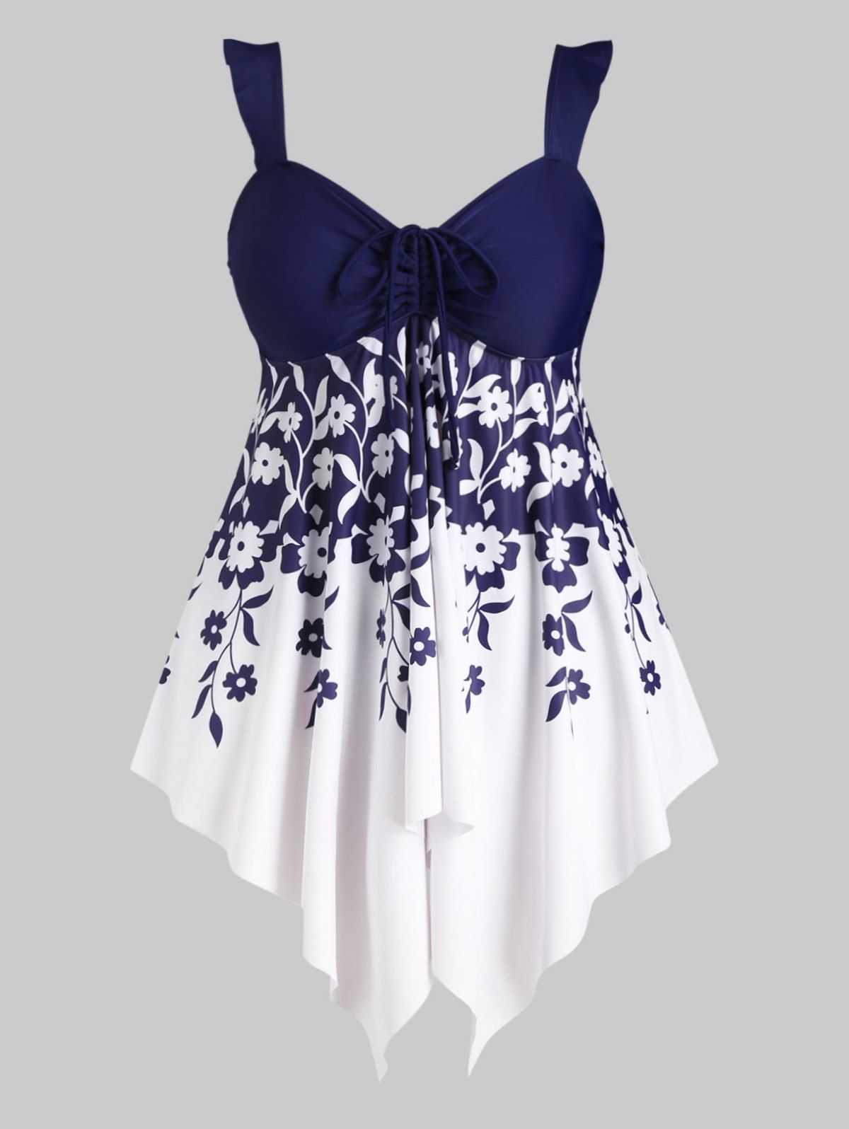 

Floral Cinched Front Flounced Handkerchief Plus Size Tankini Swimwear, Cadetblue