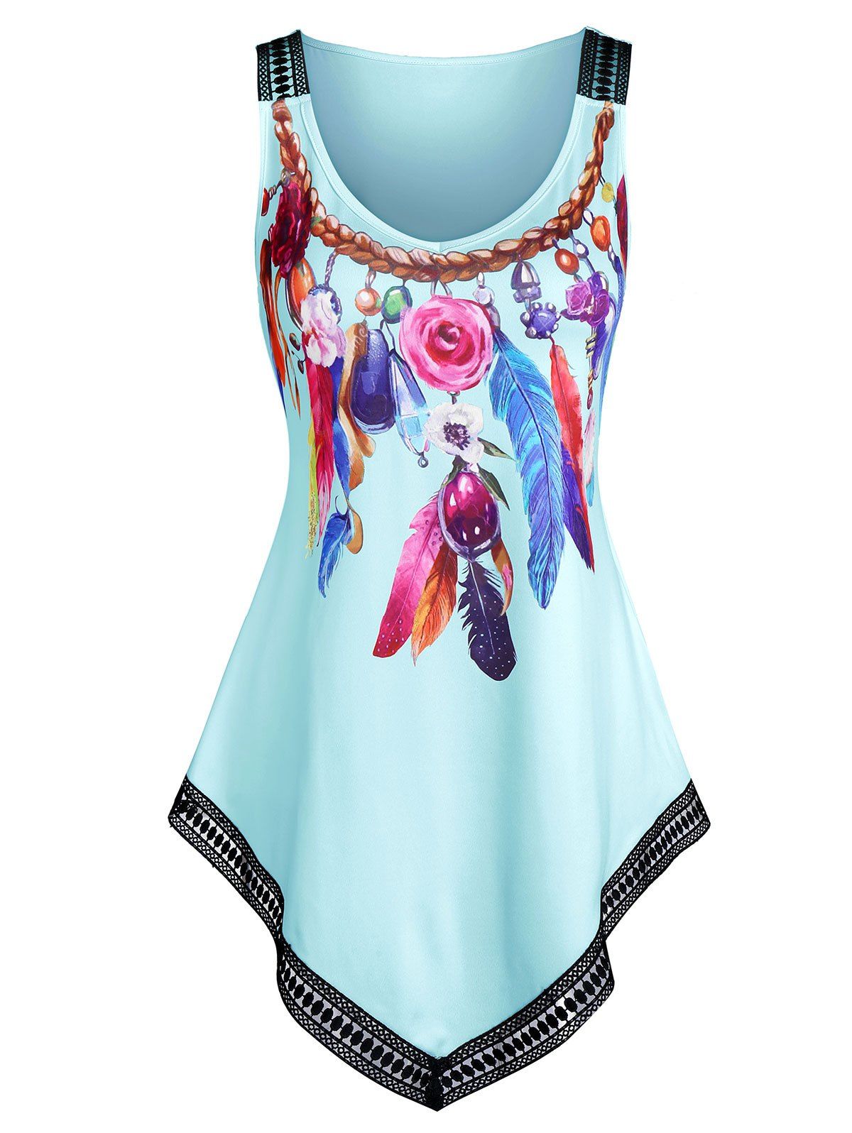 Colorful Feather Print Lace Trim Tank Top - BABY BLUE S