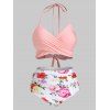 Maillot de Bain Bikini Croisé Fleur à Coupe Haute de Grande Taille à Volants - Rose Flamant 1X