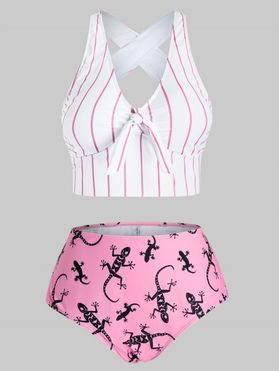 Plus Size Tie Front Striped Gecko Print Bikini Swimwear