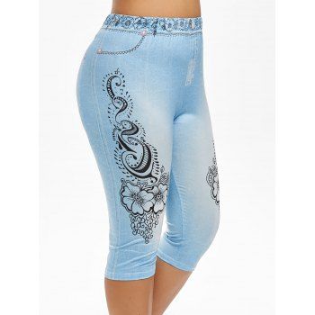 

Plus Size 3D Flower Print High Rise Cropped Jeggings, Light blue