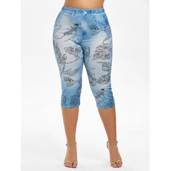 

Plus Size 3D Flower Print Cropped High Rise Jeggings, Blue koi