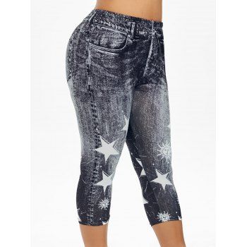 

Plus Size Star Sun 3D Jean Print Cropped Jeggings, Black