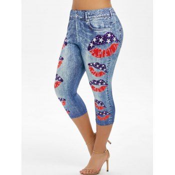 

Plus Size Lip Print American Flag Cropped Jeggings, Blue koi