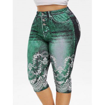 

Plus Size Cropped 3D Floral Print Jeggings, Green