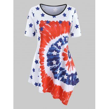 

Stars Spiral Tie Dye Print Asymmetrical Plus Size T-shirt, White
