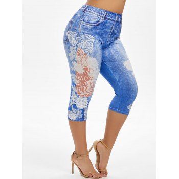 

Plus Size Flower Leaf 3D Pattern Cropped Jeggings, Blue