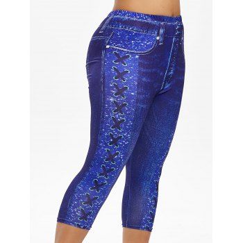 

Plus Size 3D Lace Up Jean Print Cropped Jeggings, Blueberry blue