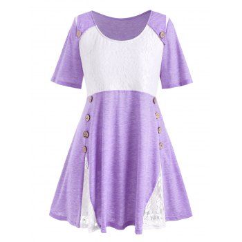 

Plus Size Lace Insert Mock Button T-shirt, Purple mimosa