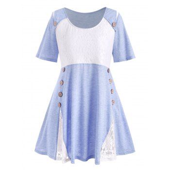 

Plus Size Lace Insert Mock Button T-shirt, Cornflower blue