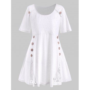 

Plus Size Lace Insert Mock Button T-shirt, Milk white