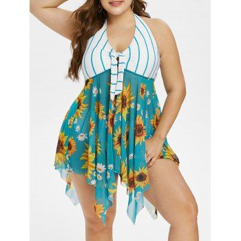 

Plus Size Halter Sunflower Print Stripe Handkerchief Tankini Swimwear, Greenish blue