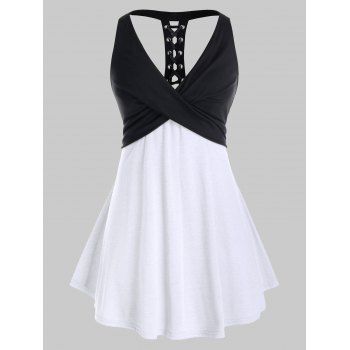 

Plus Size Lace Up Crossover Two Tone Tank Top, Milk white