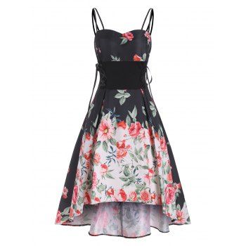 

Flower Print Lace Up High Low Empire Waist Dress, Multicolor b