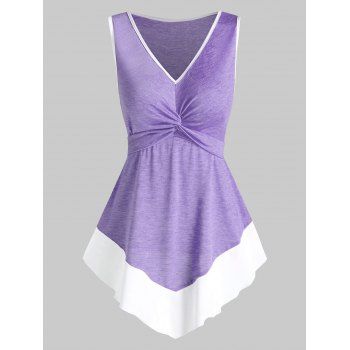 

Contrast Colorblock Tank Top Twist Front Pointed Hem Casual Tank Top, Purple