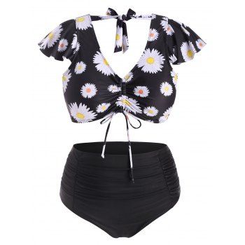 

Daisy Print Cinched Front Tie Back Plus Size Two Piece Swimsuit, Black