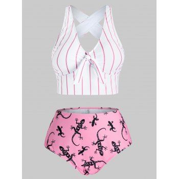 

Plus Size Tie Front Striped Gecko Print Bikini Swimwear, Hot pink