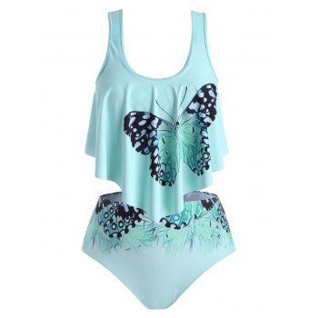 

Butterfly Flounces Strappy Plus Size Tankini Swimwear, Light blue