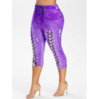 

Plus Size 3D Lace Up Print Faux Denim Leggings, Violet