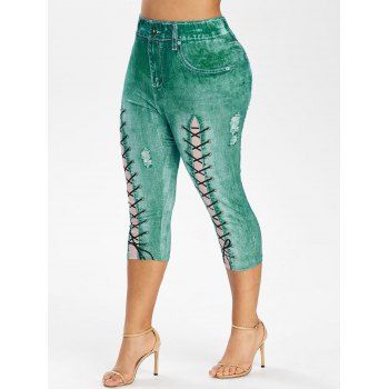 

Plus Size 3D Lace Up Print Faux Denim Leggings, Greenish blue