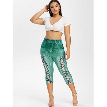 Plus Size 3D Lace Up Print Faux Denim Leggings