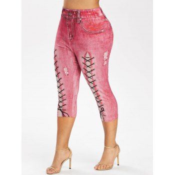

Plus Size 3D Lace Up Print Faux Denim Leggings, Rose