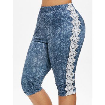 

Plus Size Floral Applique Space Dye Knee Length Leggings, Marble blue