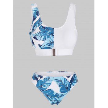 

Leaf Print Contrast Tropical Tankini Swimwear, Ocean blue