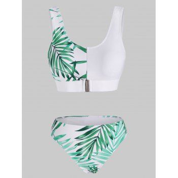 

Leaf Print Contrast Tropical Tankini Swimwear, Clover green