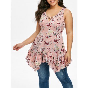 

Plus Size Floral Print Crisscross Flounce Tank Top, Pink