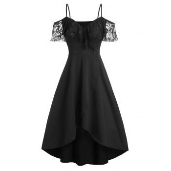 

Pure Color Cold Shoulder Lace Insert High Low Dress, Black