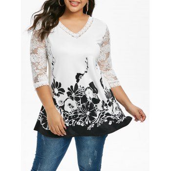 

Plus Size Floral Pattern Lace Panel T Shirt, White