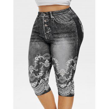 

Plus Size Cropped 3D Floral Print Jeggings, Black